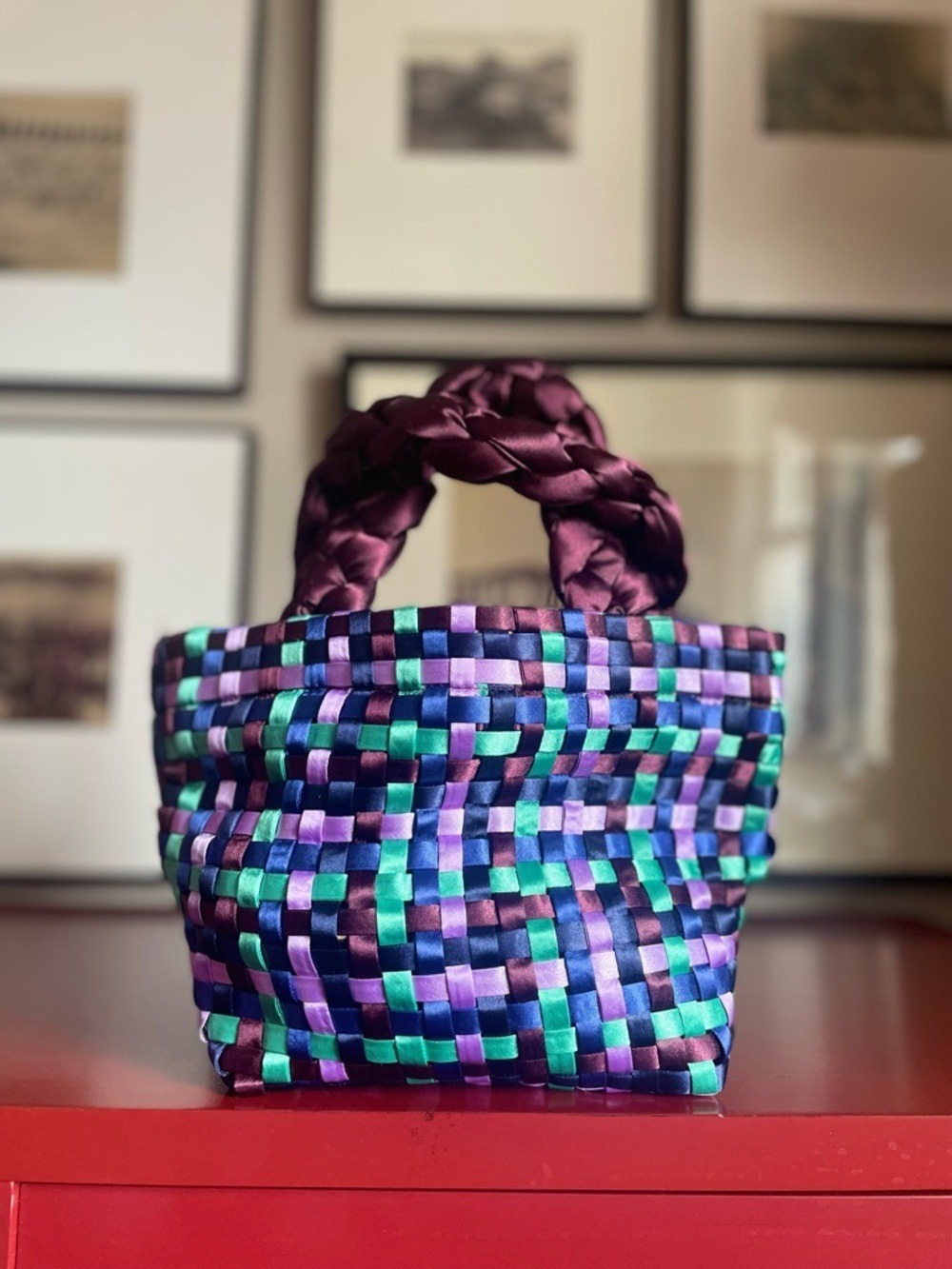 2 Handwoven Satin-Like Mini Tote Bags - Lavender/Blue/Green & Pink/Yellow/Orange - Picture 4 of 12